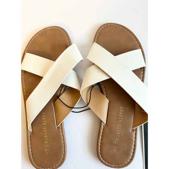 Charles Albert Shoes - Charles Albert Womens Cross Strap Slide Sandals White Tan Flat Size S 5/6 NEW